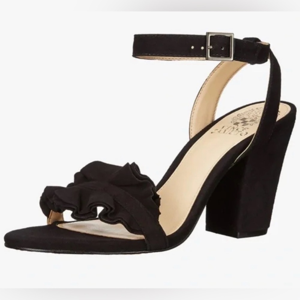 Vince Camuto Vinta Sandals Black Leather Suede Open Toe Buckle Heels Size 8.5M